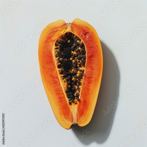 A bright orange papaya with a vibrant center and a smattering of black seeds, photo