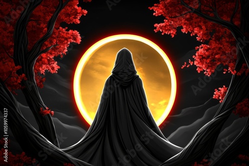 Vintage-style illustration of a sinister figure in a dark cloak, capturing the eerie and timeless charm of classic horror symbols, symbolizing nostalgia and mystery photo