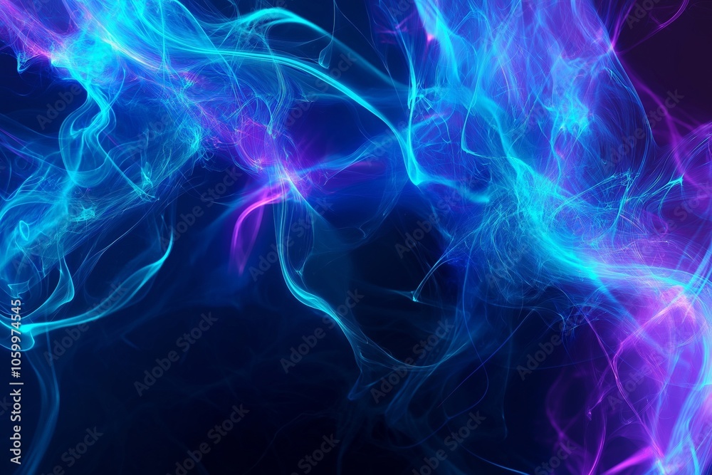 Obraz premium A vivid background featuring electric blue and purple smoke trails with swirling patterns, creating a dynamic and futuristic gradient against a dark backdrop
