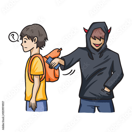 Evil pickpocket stealing young tourist smartphone from his backpack colorful illustration isolated on square white background. Simple flat outlined cartoon art styled drawing.