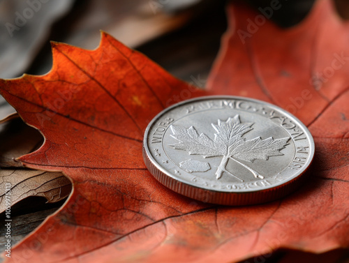 A close-up of a Canadian loonie coin, symbolizing the country unique currency, placed on a maple leaf.