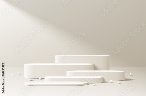 Realistic cream 3D round podium set background with beads ball, Window light scene. Minimalist mockup pedestal, Abstract product display presentation, Stage showcase. Platforms vector geometric design