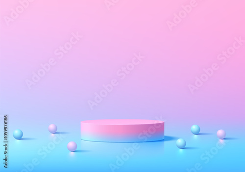 Realistic sweet pink and blue 3D cylindrical podium background with sphere balls. Minimalist mockup pedestal or abstract cosmetic product display presentation, Stage showcase. Platforms vector design.