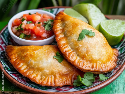 A close-up of a Costa Rican empanada filled with beans and cheese, served with salsa. photo