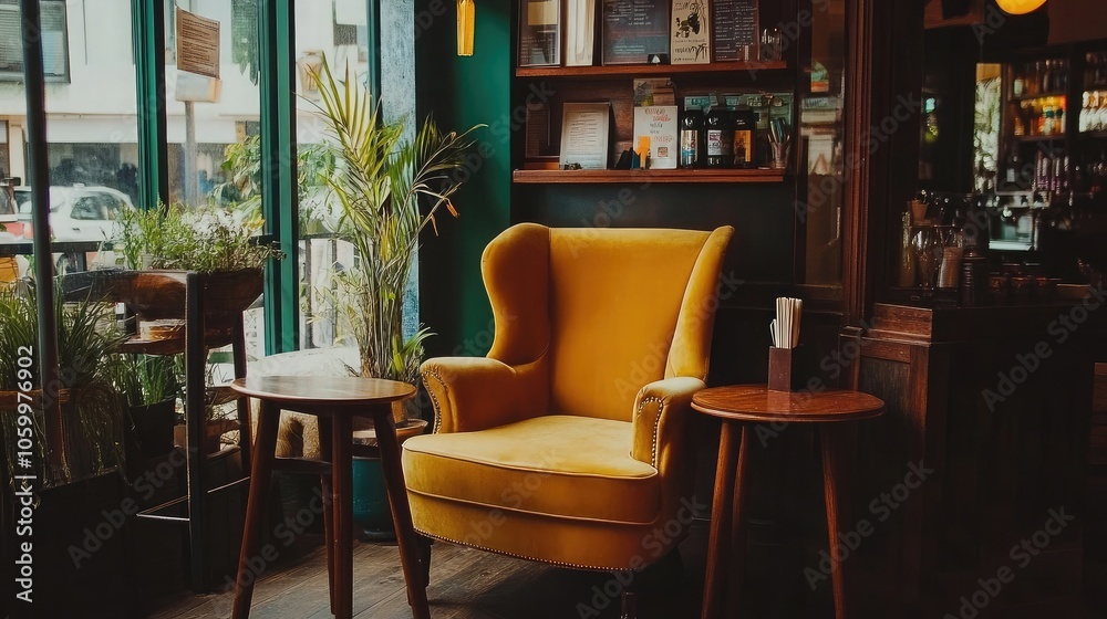 Cozy Yellow Chair in a Stylish Cafe Setting Cozy Yellow Chair in a Stylish Cafe Setting