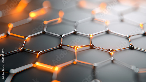 Close-up of a futuristic hexagonal grid with glowing elements, symbolizing advanced digital networks and innovation. photo