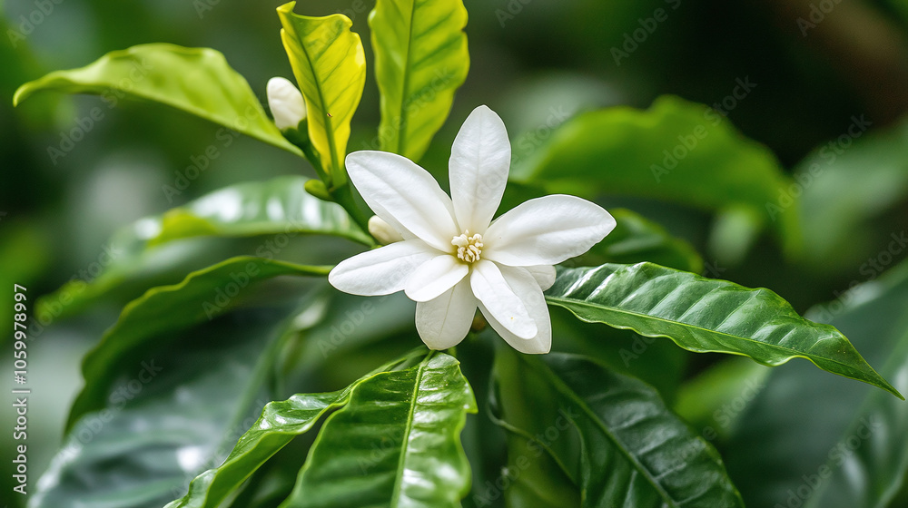 Delicate Beauty: A Coffee Blossom Amidst Green Leaves Delicate Beauty: A Coffee Blossom Amidst Green Leaves