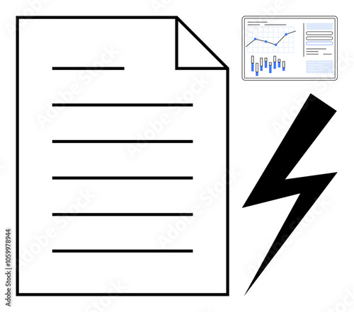 Financial report document, data analysis chart with graphs, lightning bolt symbolizing urgency. Ideal for financial updates, urgent reports, business presentations, stock market analysis, performance