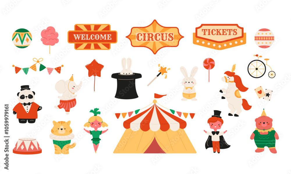 Fototapeta premium Circus elements collection. Cute animals and children in artist costumes, bell tent, balloons, labels and tags. Vector illustration. Funny characters. Festival event, fairground isolated objects set.
