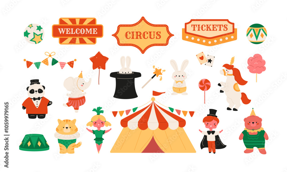 Fototapeta premium Set of circus elements. Cute animals in costumes and clown hats, magician boy, acrobat girl, bell tent, label. Party, festival icons. Retro vector illustration. Bunny in top hat, tiger, pony, elephant