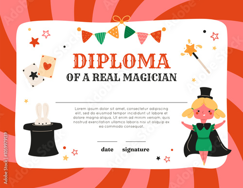 Diploma of real magician. Female circus certificate template. Party frame with copy space. Cute wizard girl in costume, rabbit in top hat, confetti of stars, playing cards. Vector illustration.