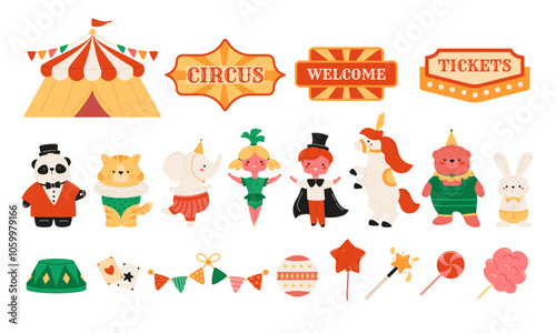 Set of circus elements and cute characters, labels and signboards. Funny animals in costumes, magician boy and acrobat girl. Vector illustration. Entertainment childish icons.