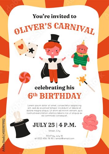 Male birthday invitation template. Circus vector illustration. Childish celebrate event. Cute bear in performer costume, wizard boy, candy and playing cards. Background frame with sunbeams.