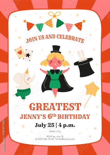 Circus birthday invitation template. Party banner with magician girl, cute dancing elephant, bunny in top hat. Bunting with flags. Fair festival. Celebration event childish design. Vector illustration