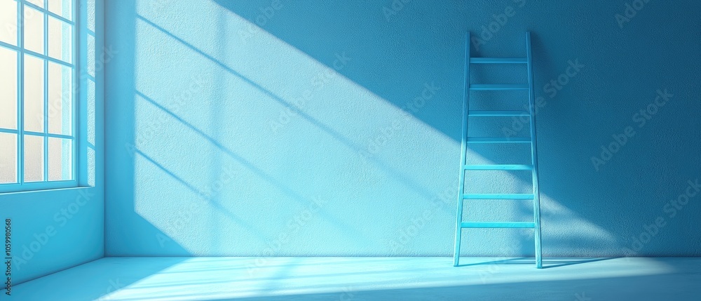 Obraz premium A blue ladder in a blue room with a window.