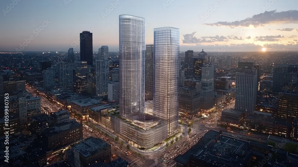 Obraz premium Modern Architectural Marvel A Bird's Eye View of an Urban Skyline at Dusk