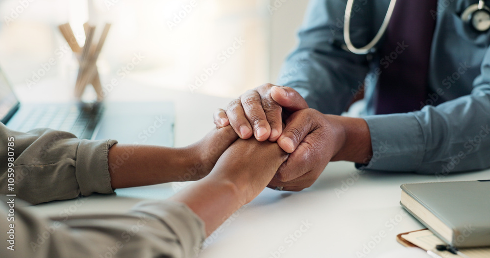 Obraz premium Holding hands, doctor and support with counseling, healthcare and empathy of person at medical consultation. Hospital, wellness and clinic office with help, advice and kindness for rehabilitation