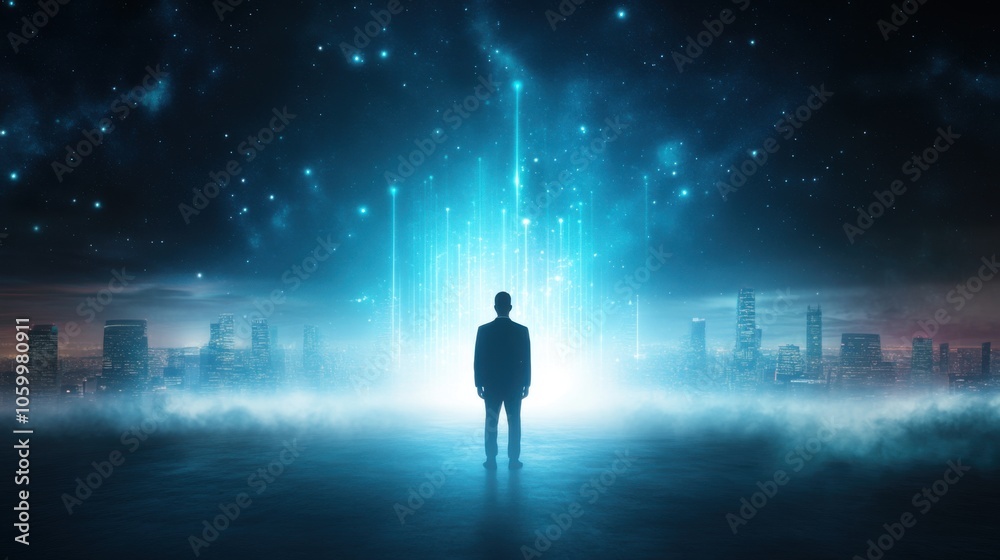 Fototapeta premium A silhouette stands before a brilliant blue light, representing innovation and the fusion of technology and imagination.
