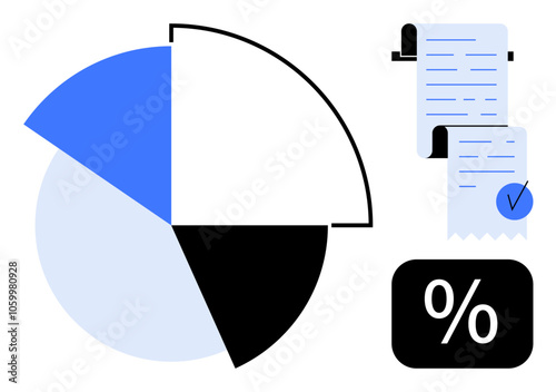 A pie chart divided into four sections in blue, black and white accompanied by a financial document with checkmark and a percentage symbol. Ideal for finance, data analytics, business reports