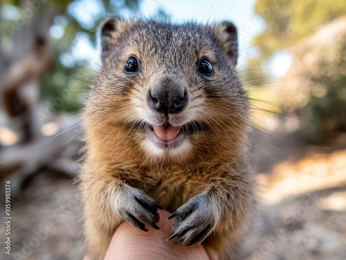 A close-up of a quokka smiling, one of Australia's cutest native animals, found on Rottnest Island.