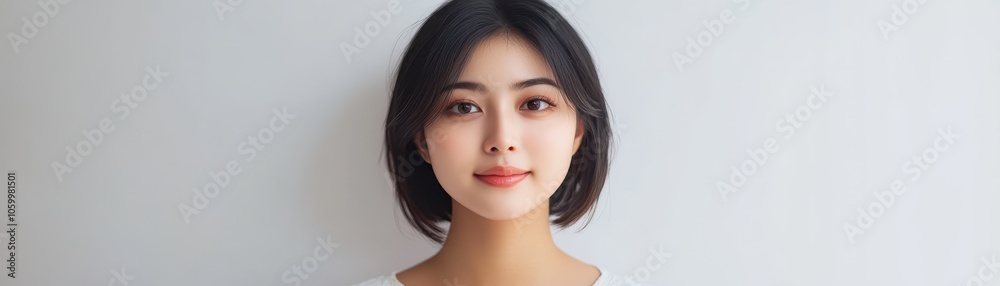 Naklejka premium Pretty Asian woman in white, soft makeup, slight head tilt, pure white background, welcoming and natural look