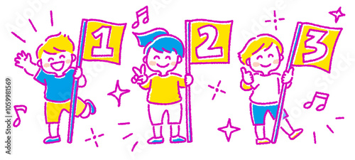 運動会で1位から3位の順位フラッグを持っている子供達