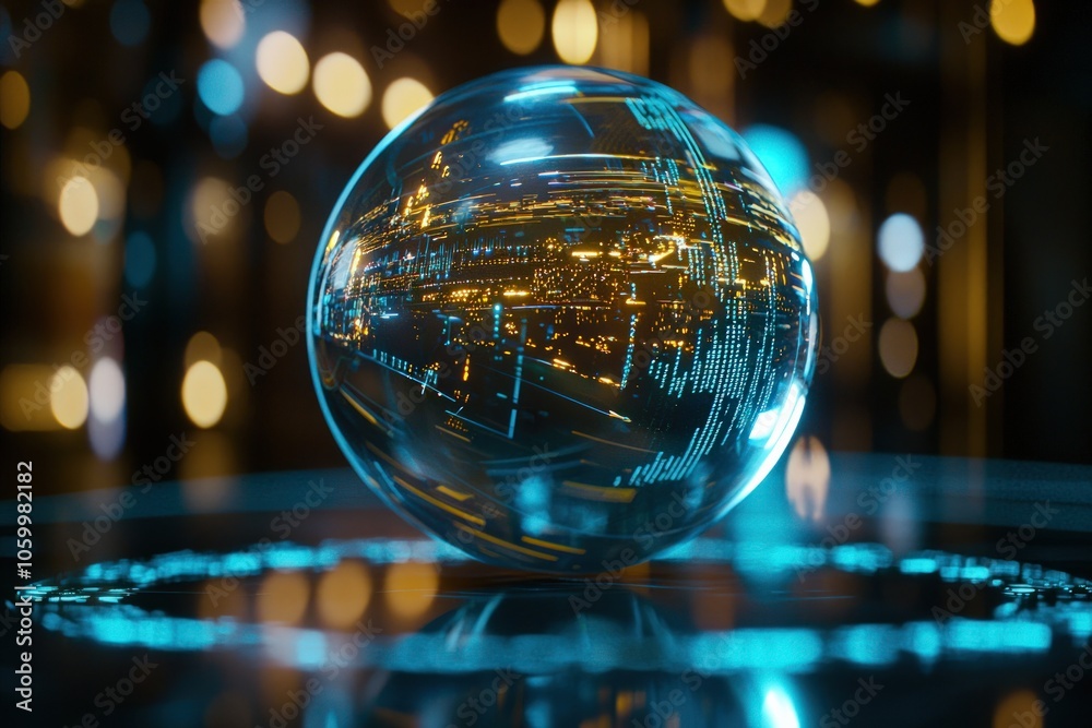 Fototapeta premium Futuristic Glass Globe Showcasing Digital Cityscape with High-Tech Data Interactions