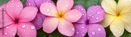 Beautiful arrangement of vibrant flowers in various shades, adorned with water droplets, showcasing nature's elegance and freshness.