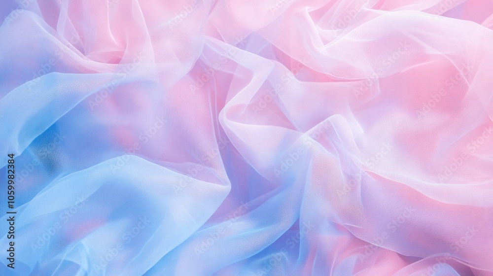 Fototapeta premium Pastel tulle layers overlapping in soft blue and pink, creating a whimsical effect, on transparent background