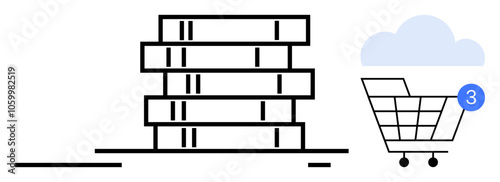 Stack of books beside a shopping cart with a notification indicating three items. Ideal for online shopping, digital libraries, book sales, cloud storage, e-commerce, education, and notifications