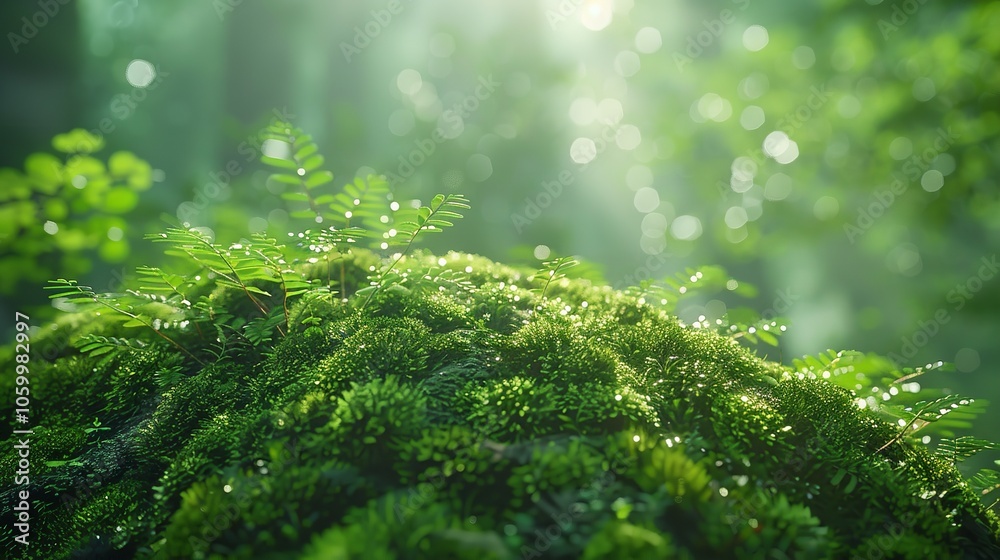 Fototapeta premium A lush green forest floor covered in moss and small plants, with dappled sunlight filtering through the trees.