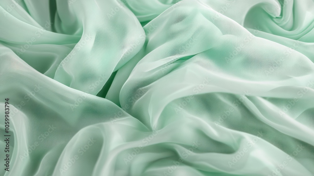 Fototapeta premium Sheer fabric layers in mint green, softly overlapping for a fresh and airy look, on transparent background