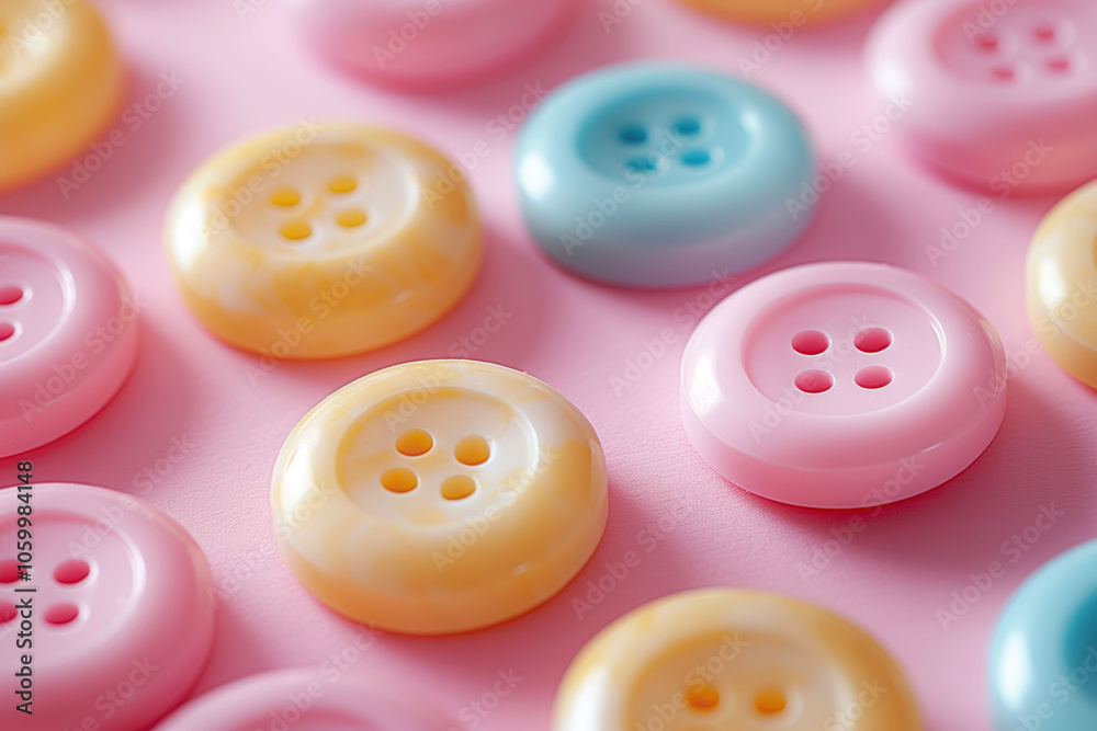 Various pastel buttons arranged on a pink background, showcasing a soft and decorative sewing or craft concept. Various pastel buttons arranged on a pink background, showcasing a soft and decorative sewing or craft concept.