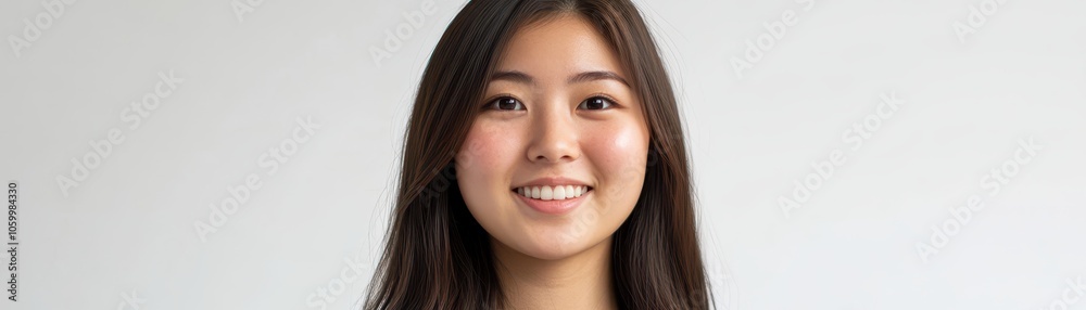 Asian girl with expressive smile, playful hand gesture, white background, positive and youthful vibe Asian girl with expressive smile, playful hand gesture, white background, positive and youthful vibe