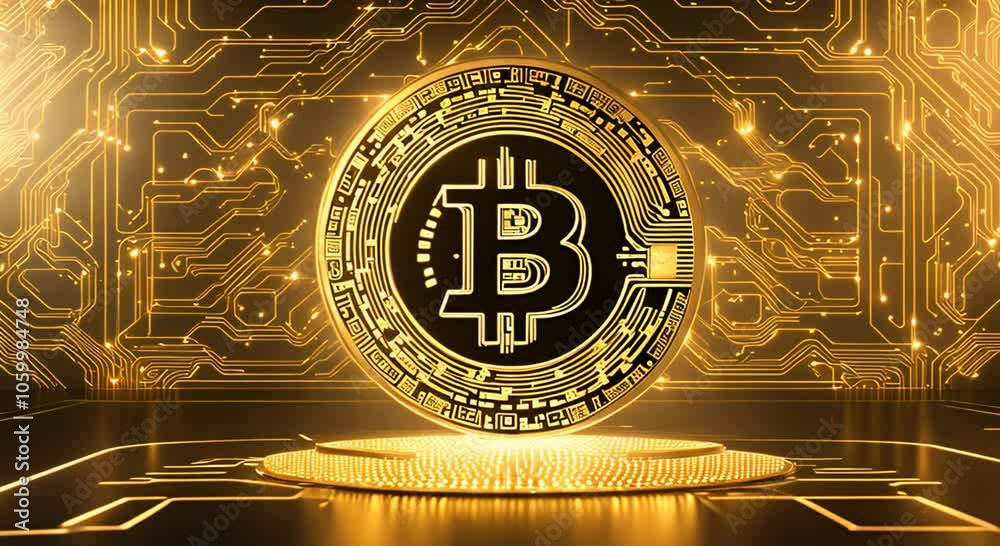 Futuristic Bitcoin pop-up, glowing cryptocurrency icon with blockchain technology backdrop.