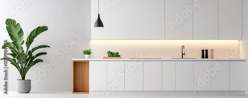 Modern kitchen design featuring a minimalist aesthetic with a large potted plant and elegant lighting, creating a bright and inviting atmosphere.