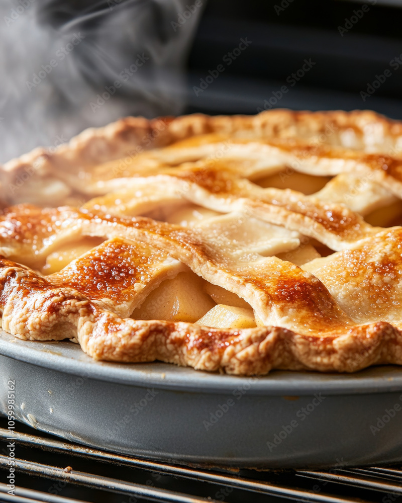 Fototapeta premium A close-up of an apple pie fresh out of the oven, with a golden crust and steam rising from it.