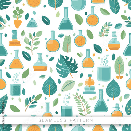 Seamless pattern for botany with decorative elements of bottles, test tubes.