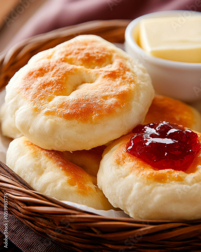 A close-up of bannock bread, a traditional Indigenous Canadian dish, served with jam and butter. photo