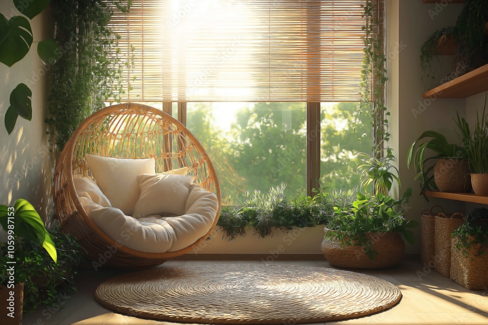 Obraz premium Cozy sunlit balcony with natural wood slatted privacy screen, lush hanging plants in macrame holders, rattan papasan chair with cream cushion and throw pillow