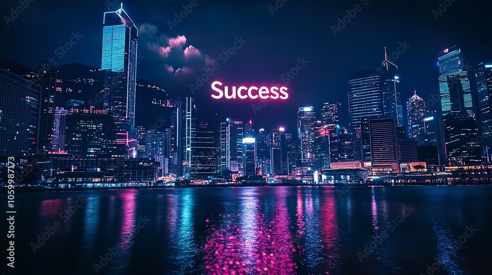 Obraz premium A Futuristic City Skyline at Night with Success Symbols Illuminating the Buildings