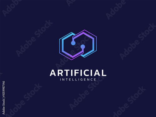 Artificial intelligence with twisted infinity double hexagon circuit board lines technology Analysis logo vector design concept. AI technology logotype symbol for advance technology, tech company, ui.