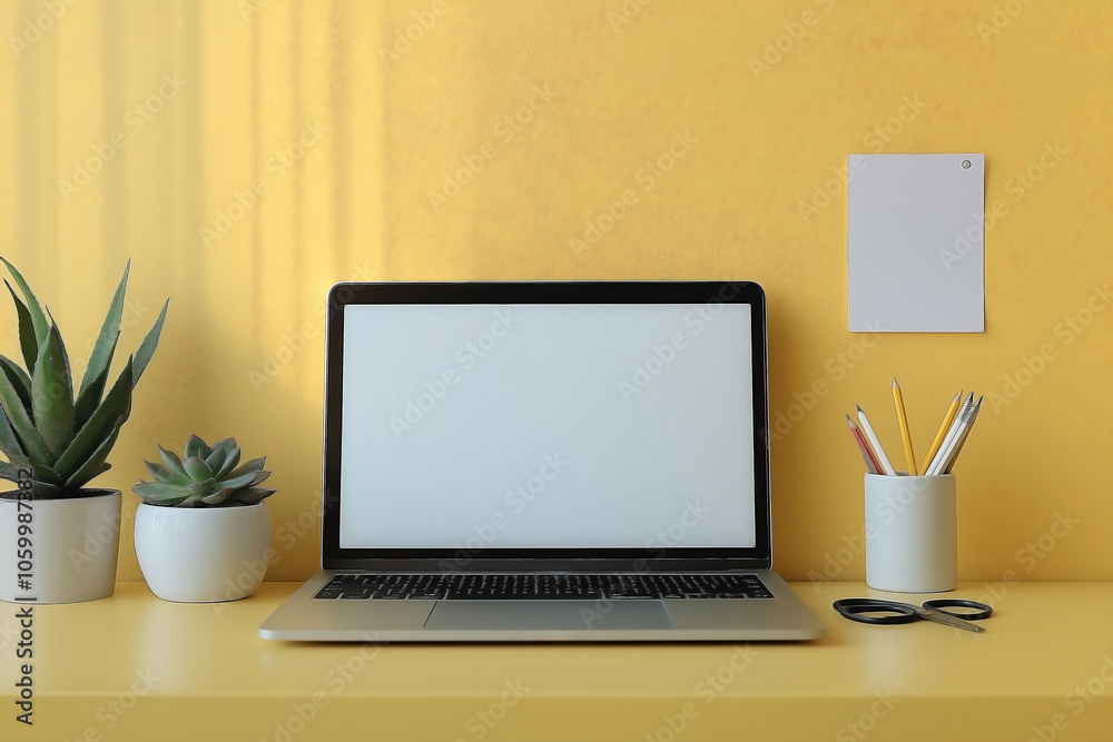 Fototapeta premium Minimalist desk setup on a light yellow surface. Centered silver laptop with blank white screen. white ceramic pencil holder with scissors and colored pencils. and a small white pot with a succulent
