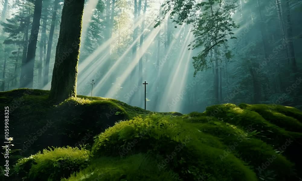 Sunlight Beams Through a Forest, Illuminating a Cross on a Mossy Hillside