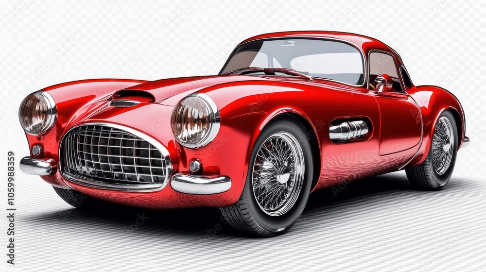 Naklejka premium Vintage red sports car with chrome accents and stylish curves, capturing a retro vibe, isolated on transparent background