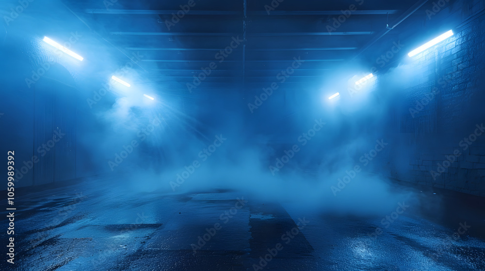 Obraz premium dark empty street, dark blue background, an empty dark scene, neon light, spotlights The asphalt floor and studio room with smoke float up the interior texture. night view
