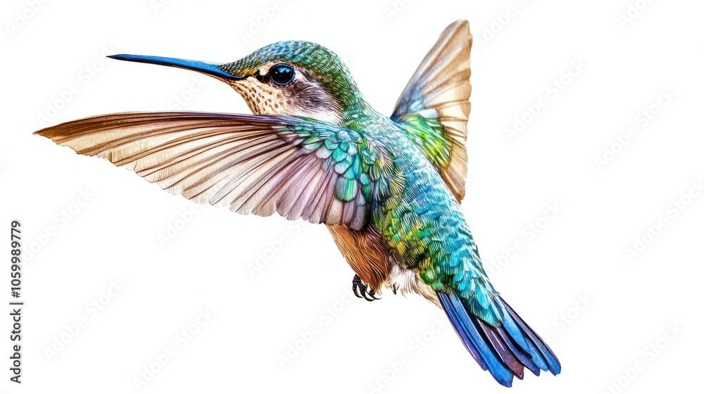 Obraz premium Watercolor hummingbird with vibrant blues and greens, frozen mid-flight, isolated on transparent background