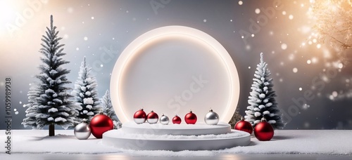 Christmas background with cylindrical podium for promotion. Round stage for presentation sale product. Stage pedestal or platform in snow between Xmas trees, glass balls hanging.
