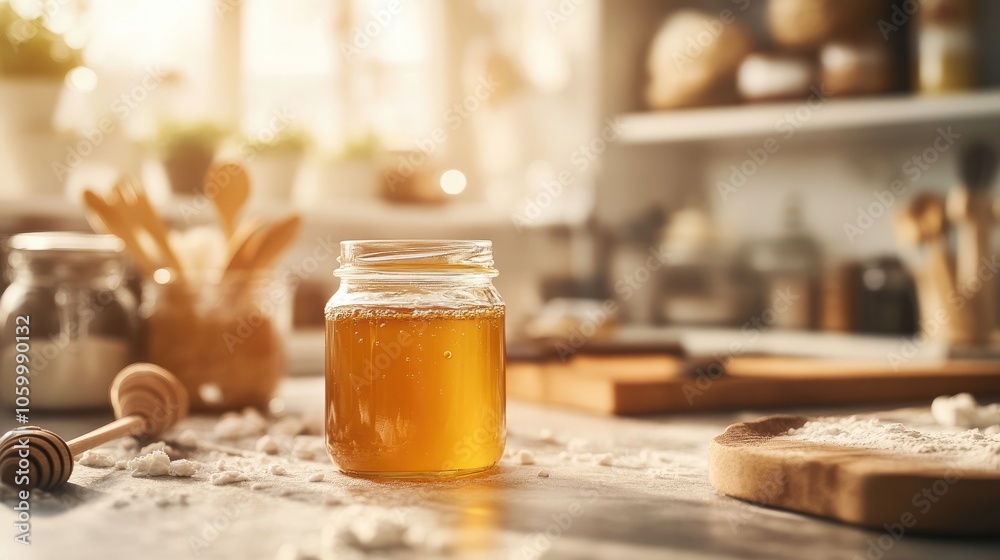 A glimpse of sweetness the golden jar of honey in a cozy kitchen setting A glimpse of sweetness the golden jar of honey in a cozy kitchen setting