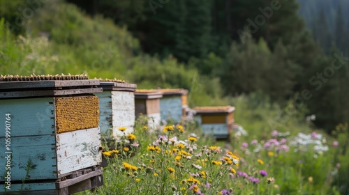 Exploring the harmony of beekeeping and nature a serene scene of beehives surrounded by wildflowers in a flourishing landscape